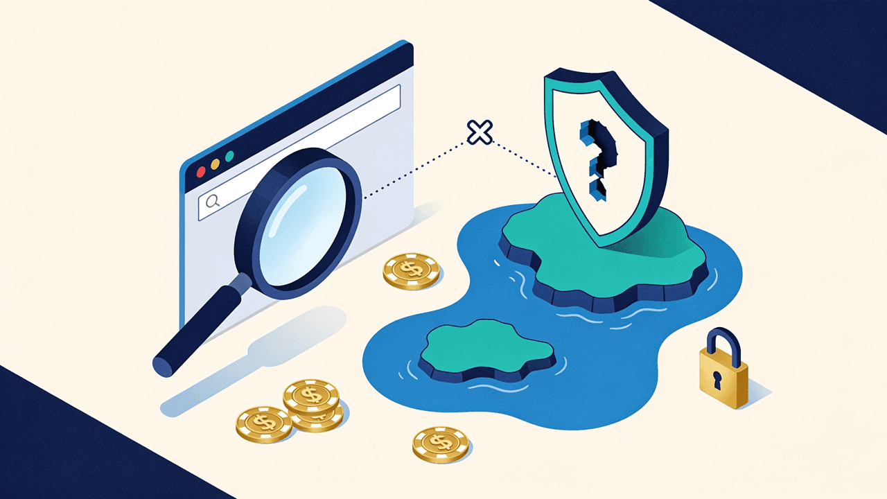 Lupa sobre la barra de direcciones de un navegador, un escudo con signo de pregunta clavado en una isla rodeada de agua, un enlace tachado, un candado y fichas doradas: la verificación de la licencia de 1win