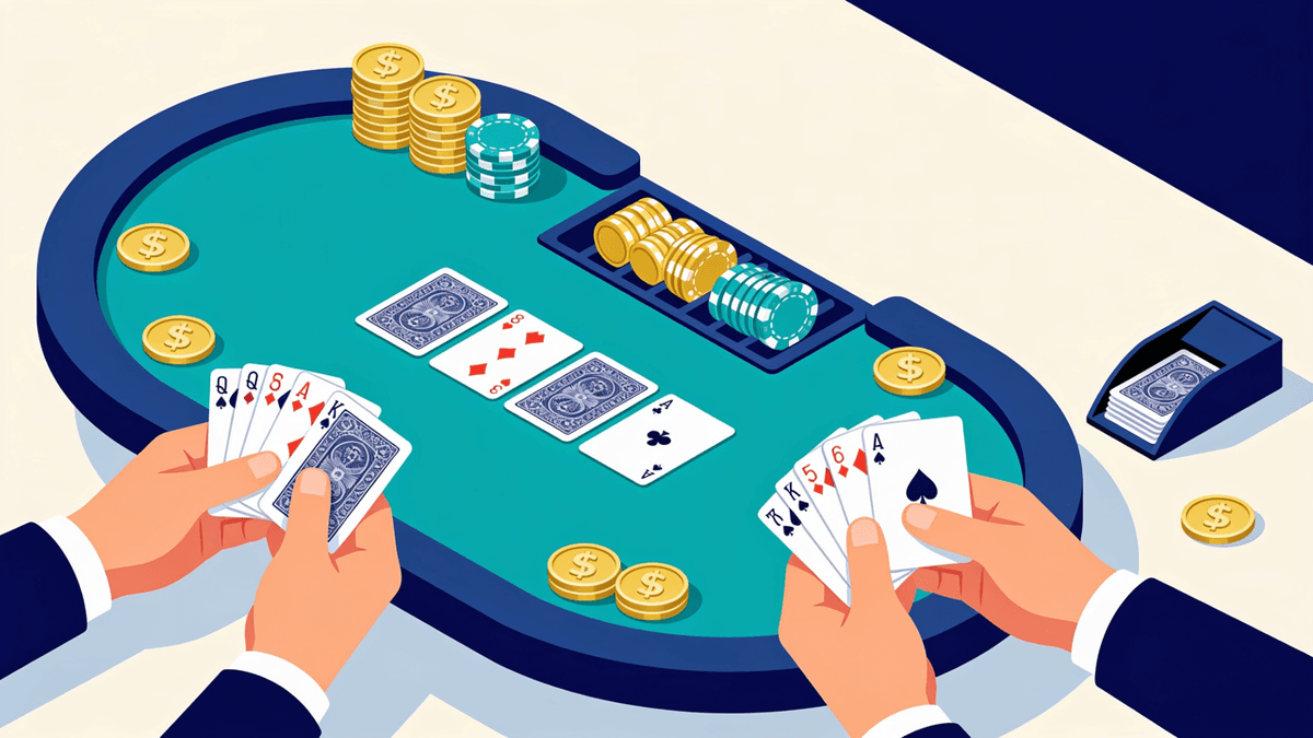 Mesa de baccarat con los casilleros de Jugador, Banca y Empate marcados en el paño, cartas repartidas y fichas apiladas al costado