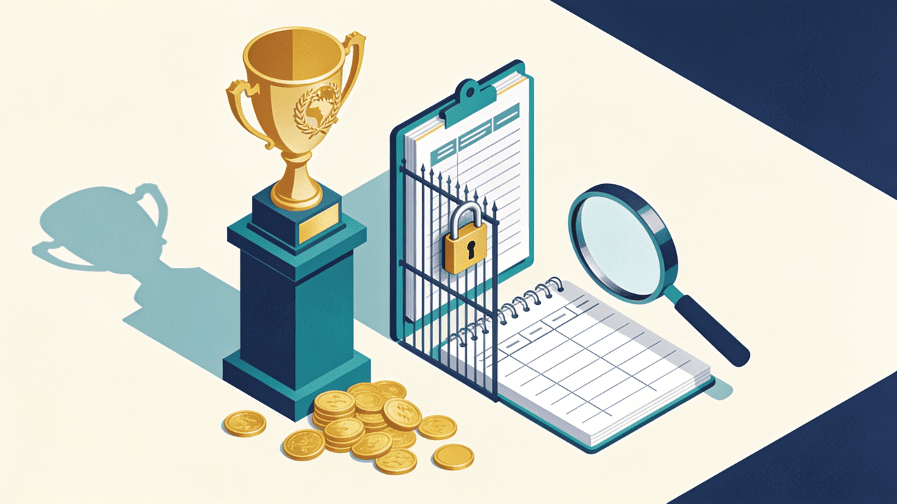 Un trofeo dorado sobre un pedestal proyecta una sombra larga junto a una reja con candado montada sobre un libro de registro abierto, con una lupa al costado y monedas doradas: el prestigio internacional de un lado, el registro argentino cerrado del otro
