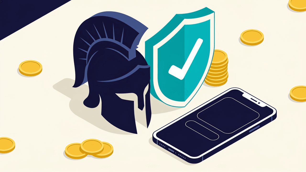 Casco de guerrero junto a un escudo con tilde y monedas, símbolo de la verificación de licencia de BetWarrior como casino confiable en Argentina