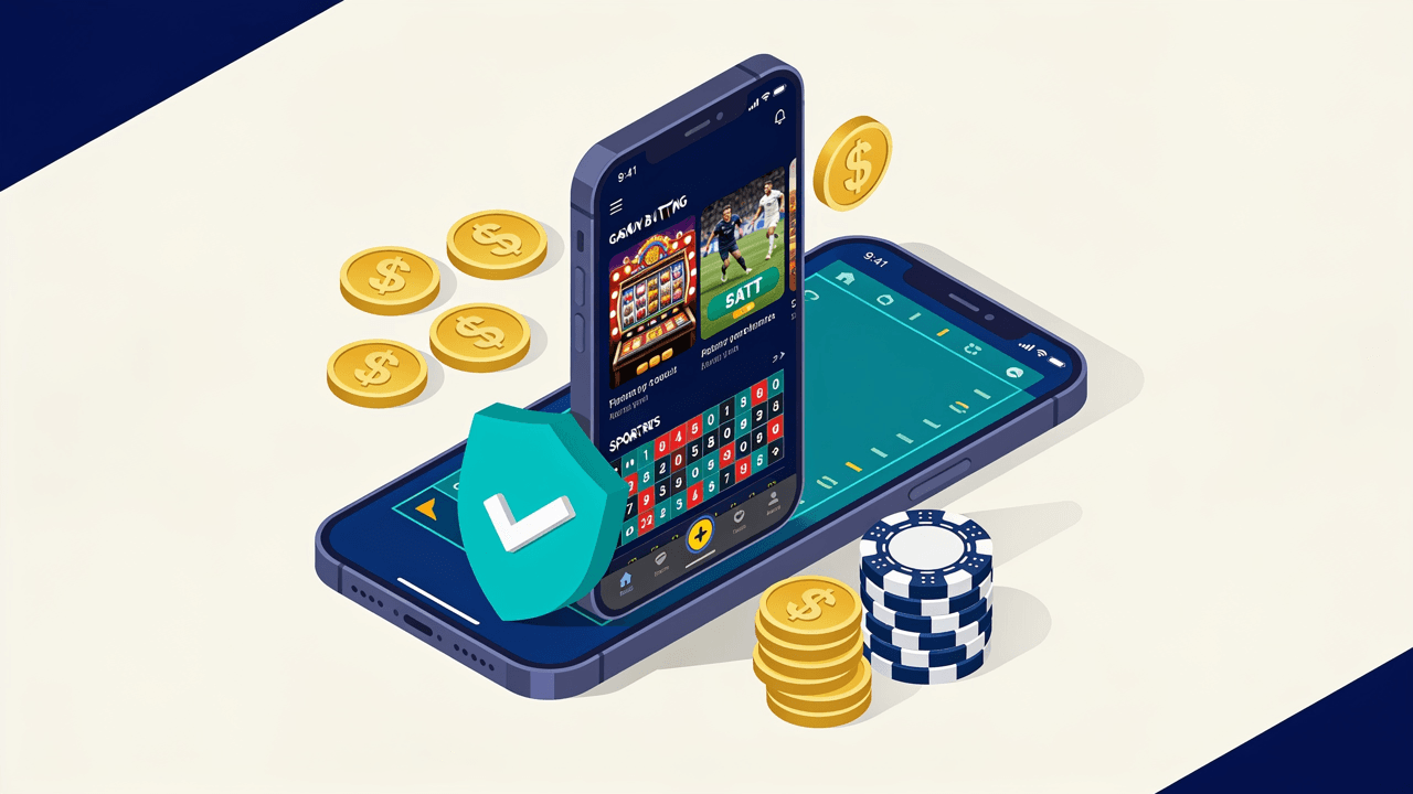 Celular con una plataforma de casino online y fichas de juego sobre los colores de Argentina, ilustrando la guía sobre bplay