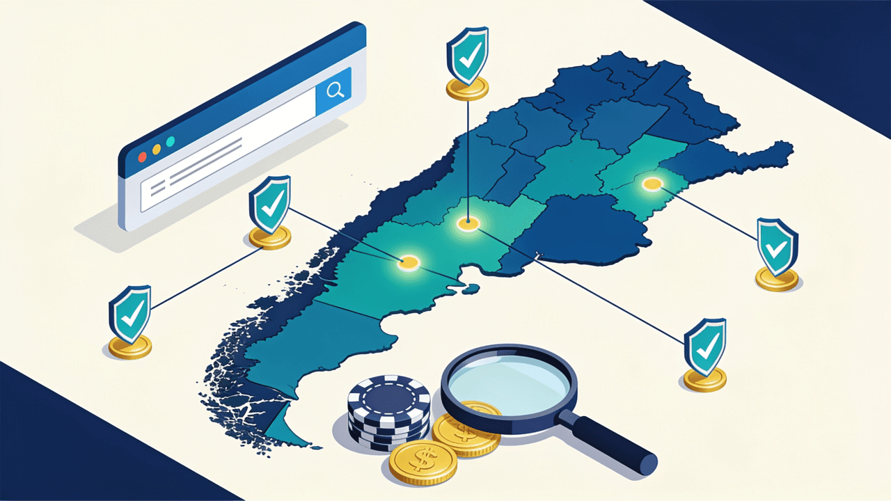 Mapa de Argentina dividido en provincias, cada una conectada a su propio escudo de verificación con tilde, junto a una barra de navegador, fichas y una lupa