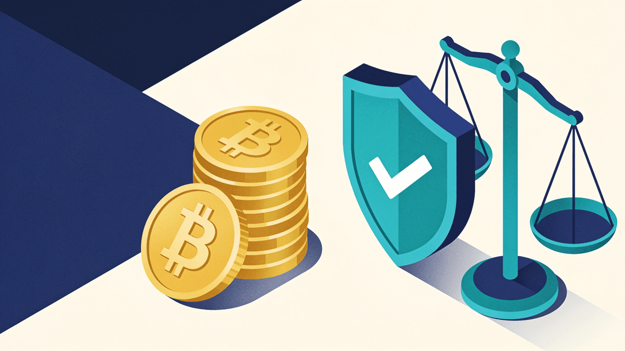 Monedas cripto doradas frente a un escudo con tilde y la balanza de la justicia: cripto vs casinos con licencia