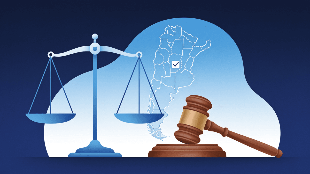 Balanza de la justicia y martillo junto al mapa de Argentina: verificar la licencia de Betwin en el país