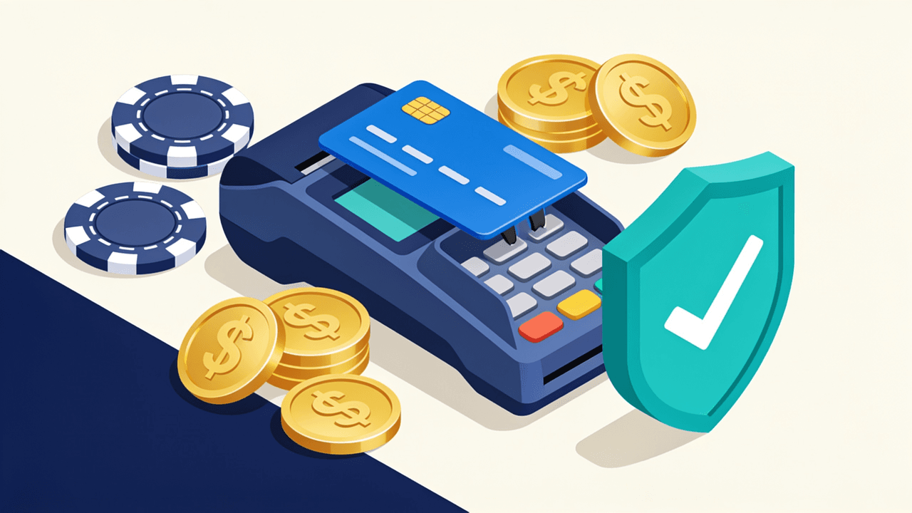 Tarjeta de débito apoyada en una terminal de pago con fichas de casino y monedas: pagar en casinos con débito
