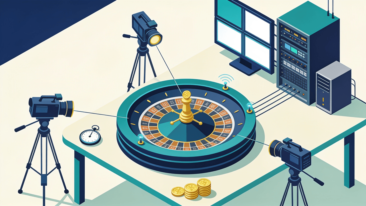 Ilustración isométrica de un set de televisión armado alrededor de una rueda de ruleta física: tres cámaras apuntando a la mesa desde distintos ángulos, un rack de monitores de control y líneas de señal que van de las cámaras y de los sensores de la rueda hasta el equipo