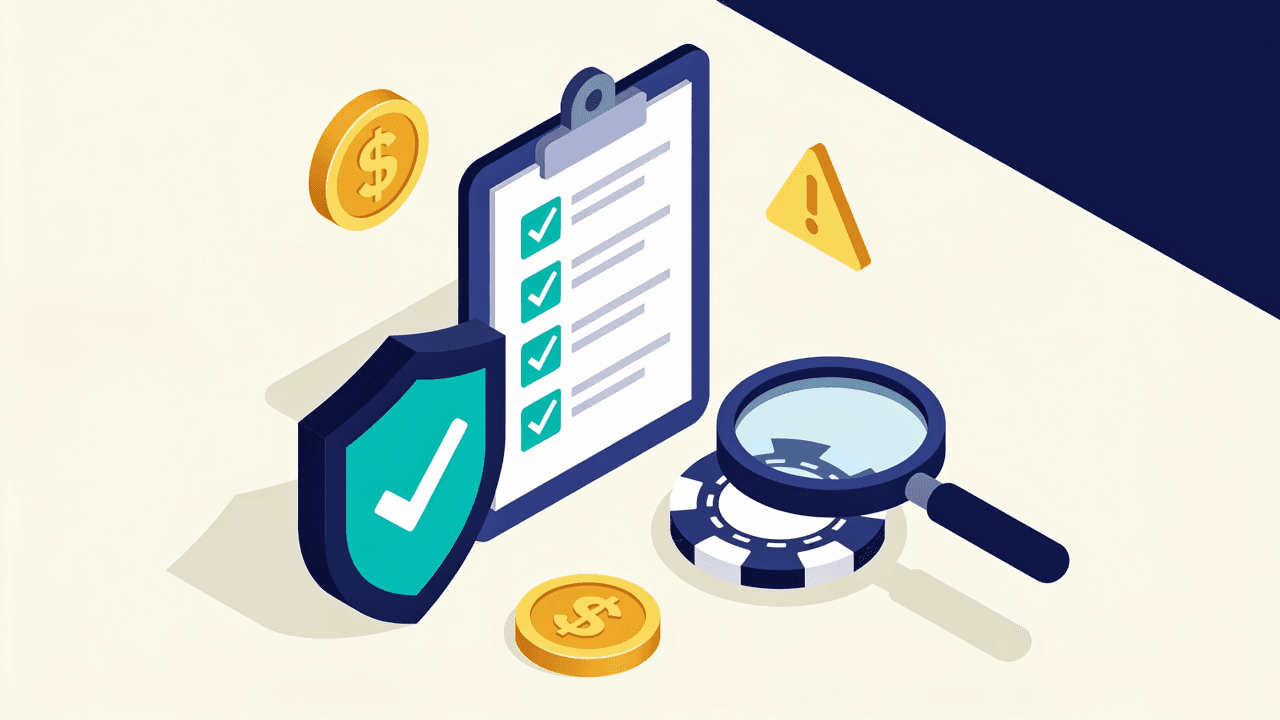 Lupa sobre un distintivo de licencia junto a fichas de casino: cómo verificar si MasterBets365 tiene licencia argentina