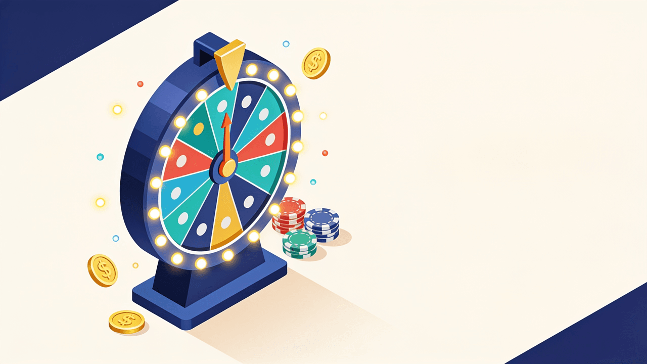 Rueda de la fortuna vertical con segmentos de colores, luces y fichas de casino: el game show Crazy Time