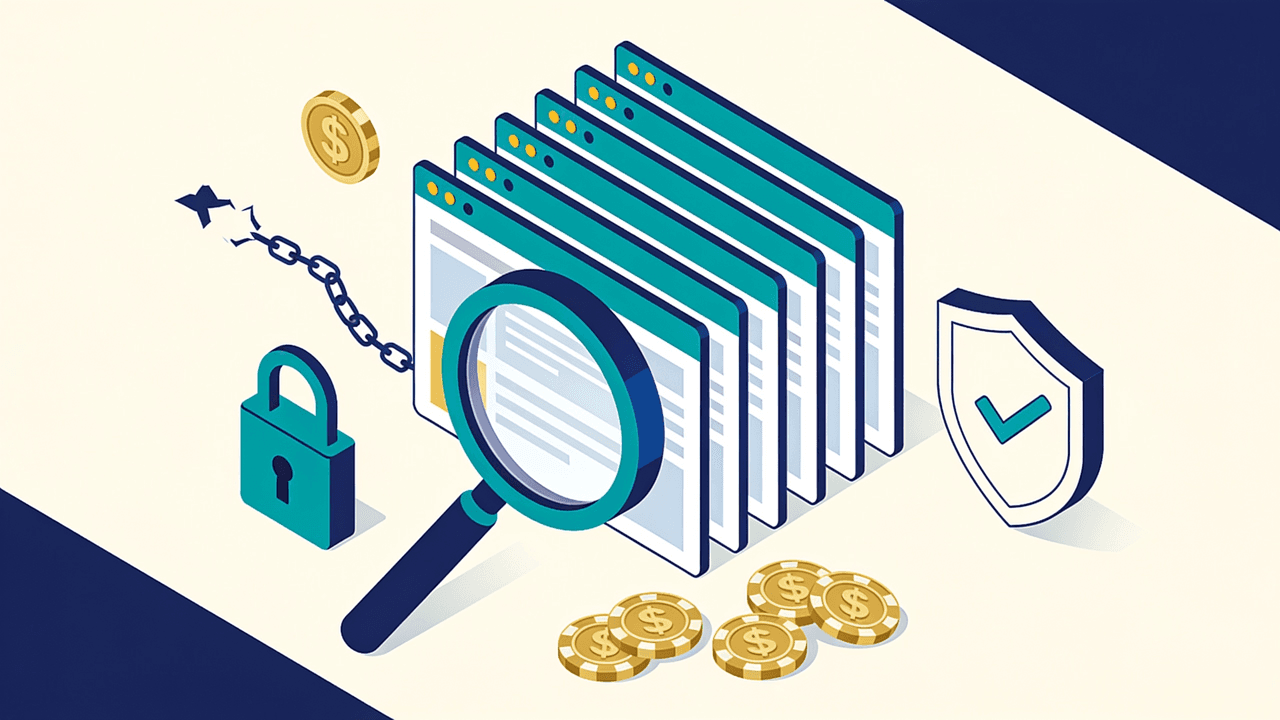 Lupa revisando una pila de ventanas de navegador idénticas junto a un eslabón de cadena roto, un candado y un escudo con tilde: verificación de los dominios y la licencia de Jugabet en Argentina