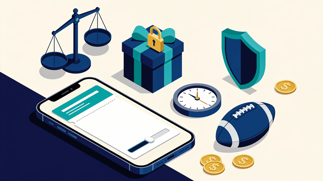Celular con un cupón de apuesta y un control deslizante bajado, junto a una balanza, una caja de regalo con candado, un escudo, un reloj, una pelota y monedas doradas