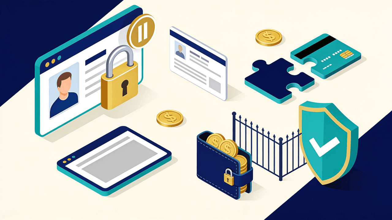 Ilustración isométrica de una cuenta de casino online bloqueada con un candado y un símbolo de pausa, junto a un documento de identidad y una tarjeta que no encajan entre sí, una billetera con monedas detrás de una reja y un escudo con tilde