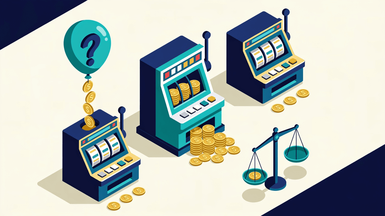 Tres tragamonedas de distinto tamaño con chorros de monedas de diferente altura junto a una balanza y un globo de pregunta, símbolo de la comparación entre casinos online que pagan