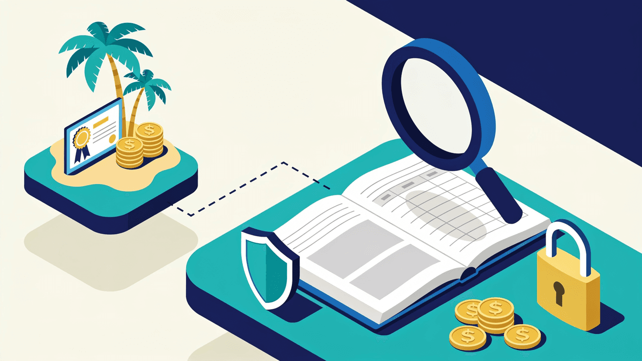 Una isla con un sello de certificado y monedas, separada por una línea cortada de una plataforma continental donde un registro oficial, un escudo, una lupa y un candado representan la verificación de la licencia de Roobet en Argentina