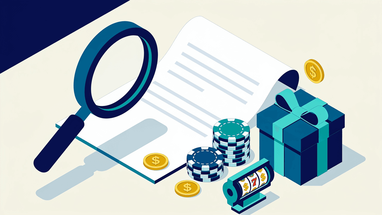 Lupa sobre un documento de condiciones junto a fichas de casino, una caja de regalo y un ícono de rodillos, símbolo de la letra chica detrás de los tipos de bonos de casino