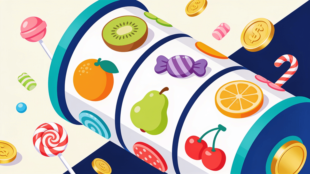 Rodillos de tragamonedas con caramelos, frutas y dulces de colores: la slot Sweet Bonanza