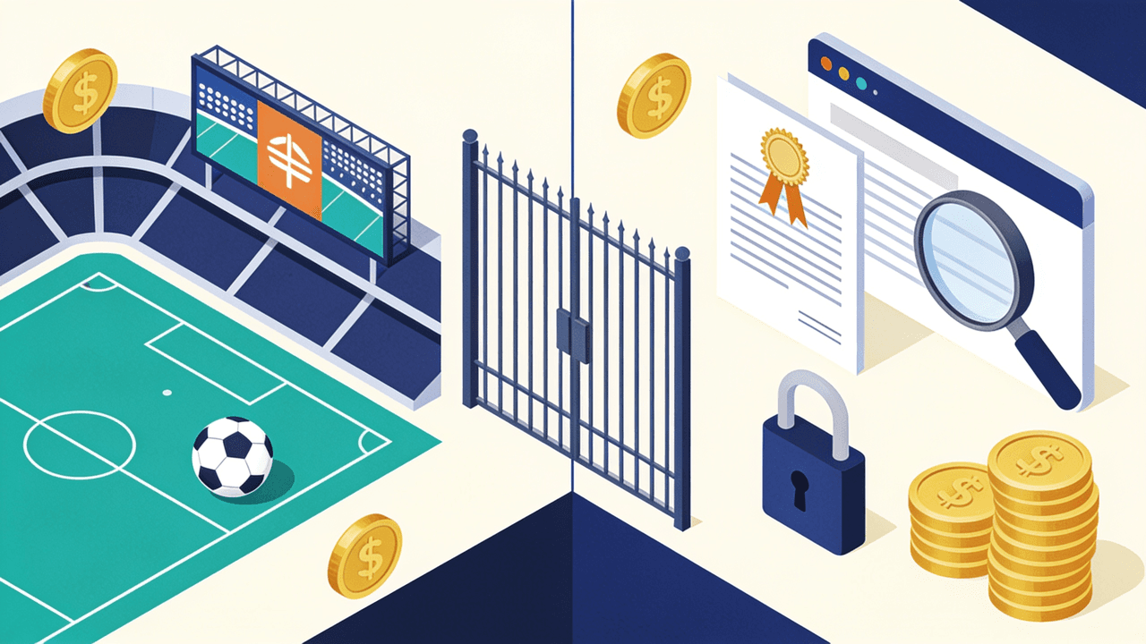 Ilustración isométrica dividida por una reja cerrada: de un lado una cancha de fútbol con una pelota y un cartel publicitario de estadio, del otro un certificado con sello, una lupa sobre una ventana de navegador, un candado y pilas de monedas doradas