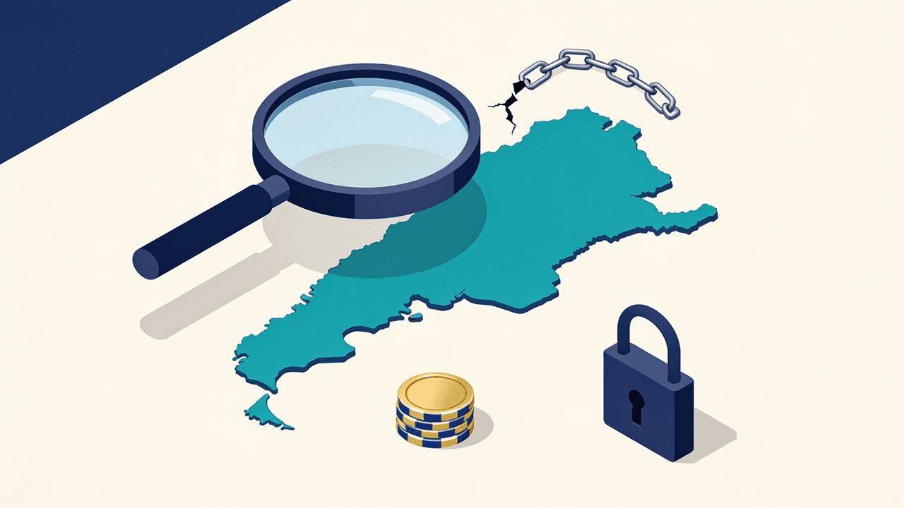 Lupa sobre el mapa de Argentina con un eslabón de cadena roto, un candado cerrado y fichas de casino: verificación de la licencia de 1xBet en el país