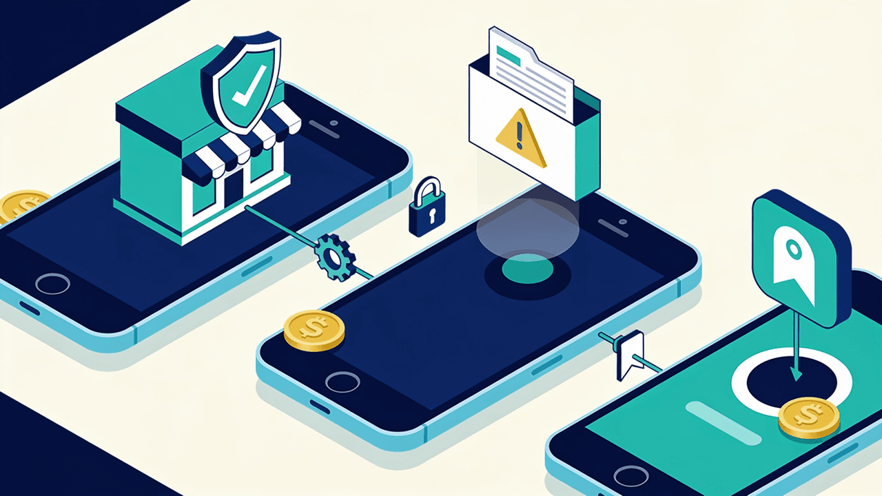 Tres celulares uno al lado del otro que representan las tres vías de instalación de una app de casino: la tienda oficial con un escudo de verificación, un archivo APK con señal de advertencia y la web móvil agregada a la pantalla de inicio
