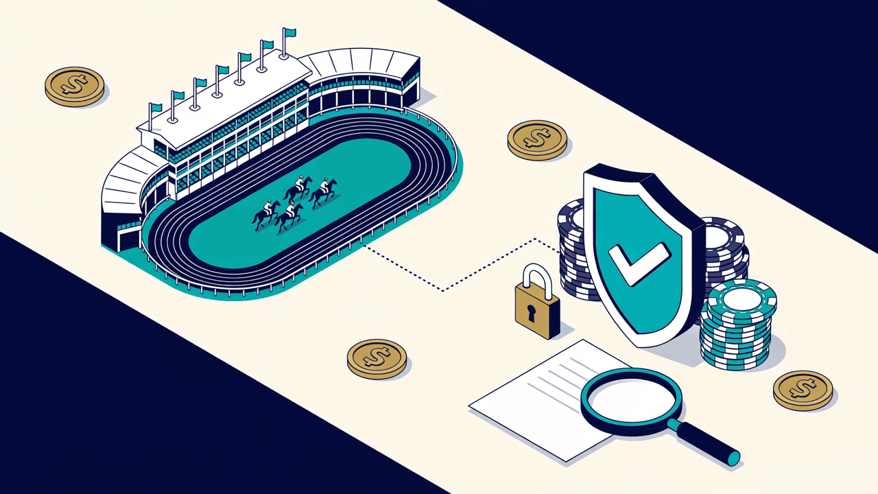 Hipódromo visto desde arriba conectado a un escudo de verificación con tilde, fichas de casino y una lupa: la comprobación de licencia de Betfun