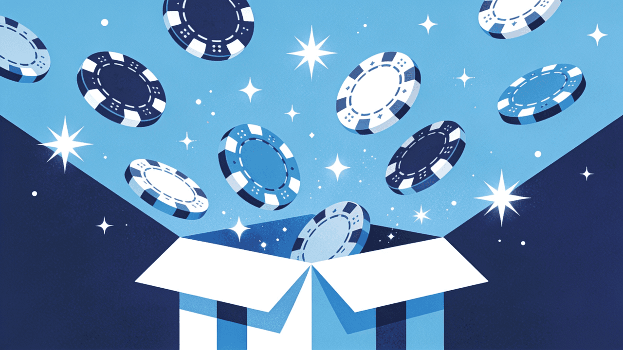 Ilustración de fichas de casino saliendo de una caja abierta sobre fondo azul: las promociones y torneos de tragamonedas en casinos online