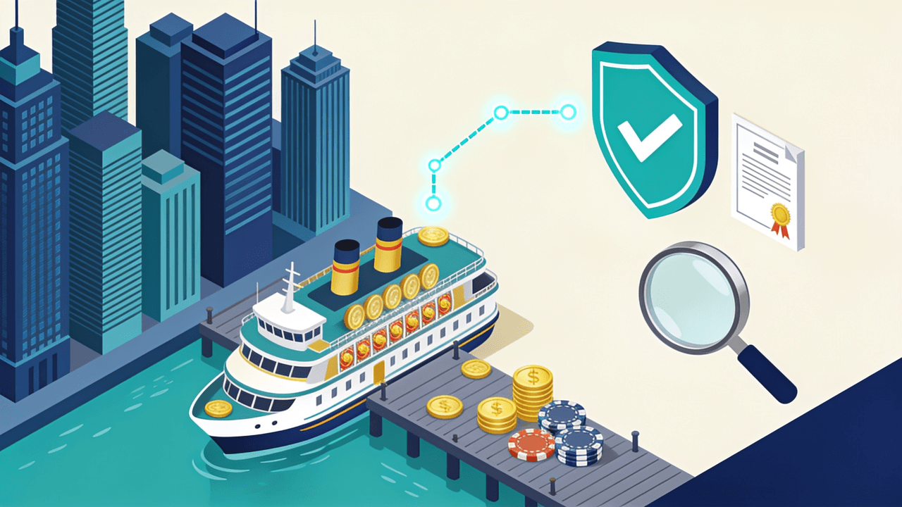 Barco casino amarrado en el puerto frente a los edificios de la ciudad, conectado a un escudo de verificación con tilde, una lupa sobre un certificado y fichas junto al muelle