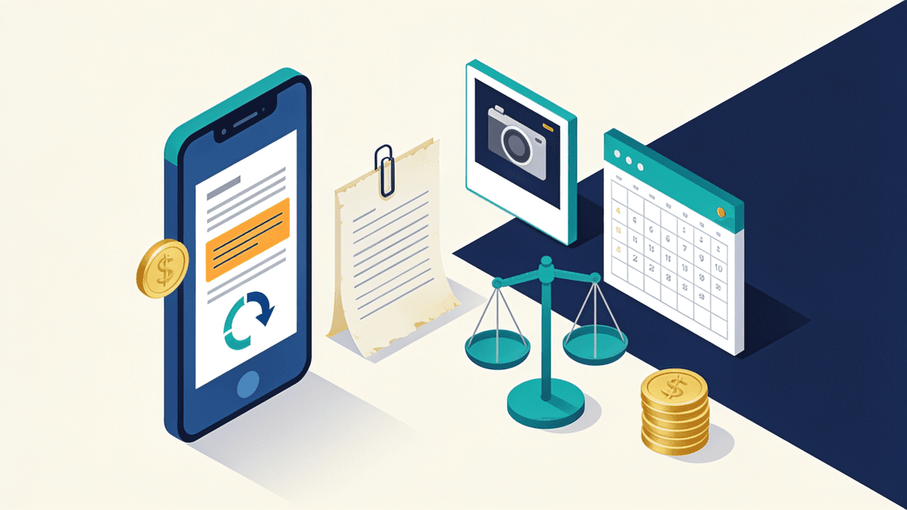 Ilustración isométrica de un celular con un documento actualizado y una sección resaltada, junto a un reglamento anterior sujeto con un clip, un marco de captura de pantalla, un calendario, una balanza y monedas doradas
