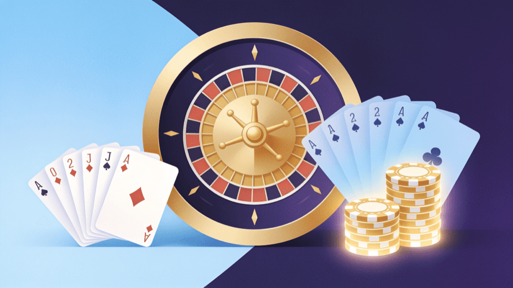 Ruleta dorada con dos manos de cartas abiertas y pilas de fichas de casino sobre fondo azul y violeta