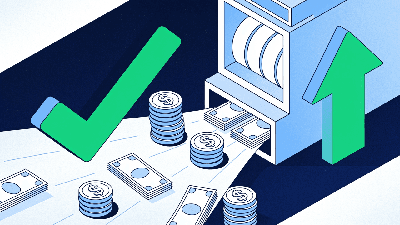 Monedas y billetes saliendo de un casino con un tilde verde: verificar los pagos y la licencia de PlayUZU