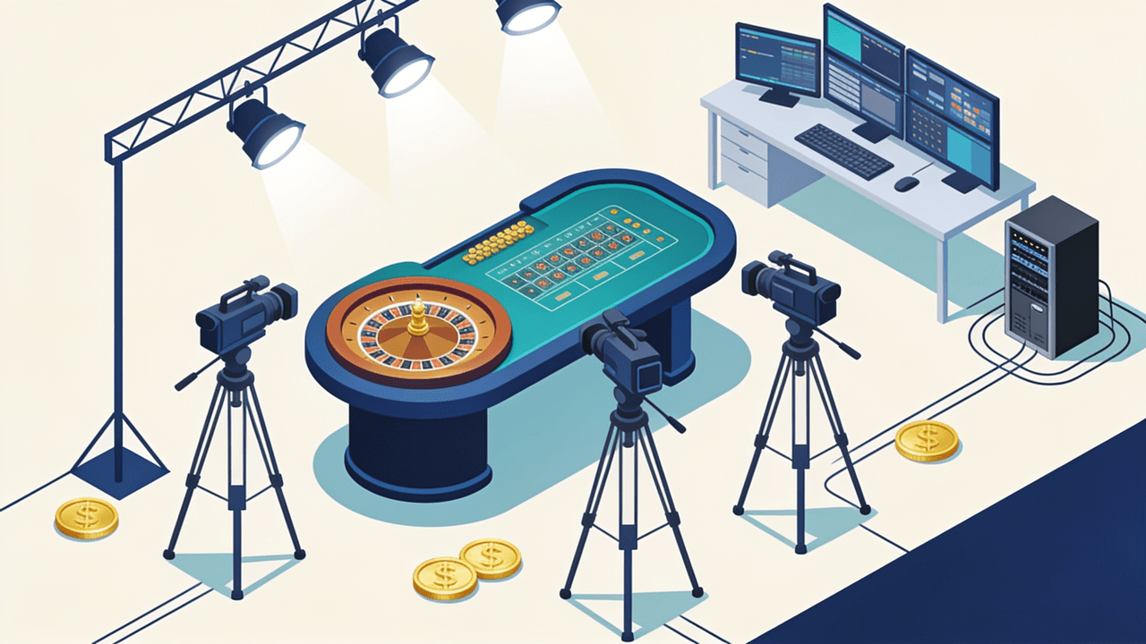 Ilustración isométrica de un estudio de casino en vivo: mesa de ruleta bajo focos, tres cámaras en trípode apuntando a la mesa y un escritorio con monitores de control al fondo