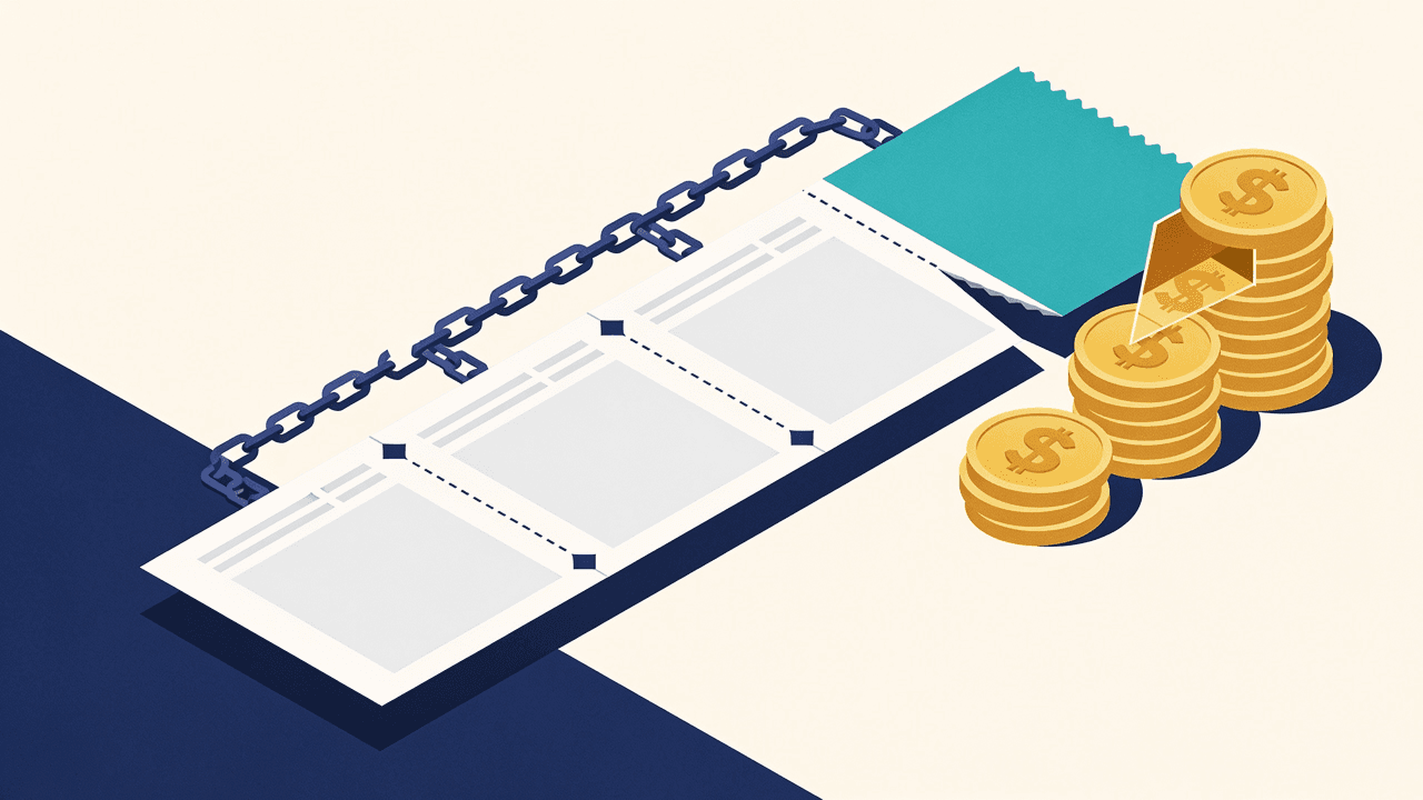 Ilustración isométrica de un boleto de apuestas con tres casilleros vacíos unidos por una línea punteada, una cadena al costado con un eslabón roto y una cuña que desvía una porción del boleto hacia pilas de monedas doradas