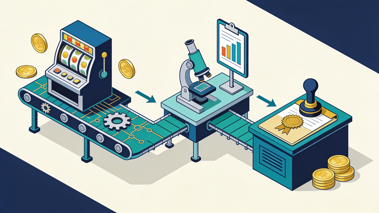 Ilustración isométrica de una cinta transportadora que une tres estaciones: una máquina tragamonedas sobre engranajes y pistas de circuito, una mesa de laboratorio con microscopio, planilla y panel de barras, y un escritorio de registro donde un sello estampa una roseta oficial sobre una carpeta