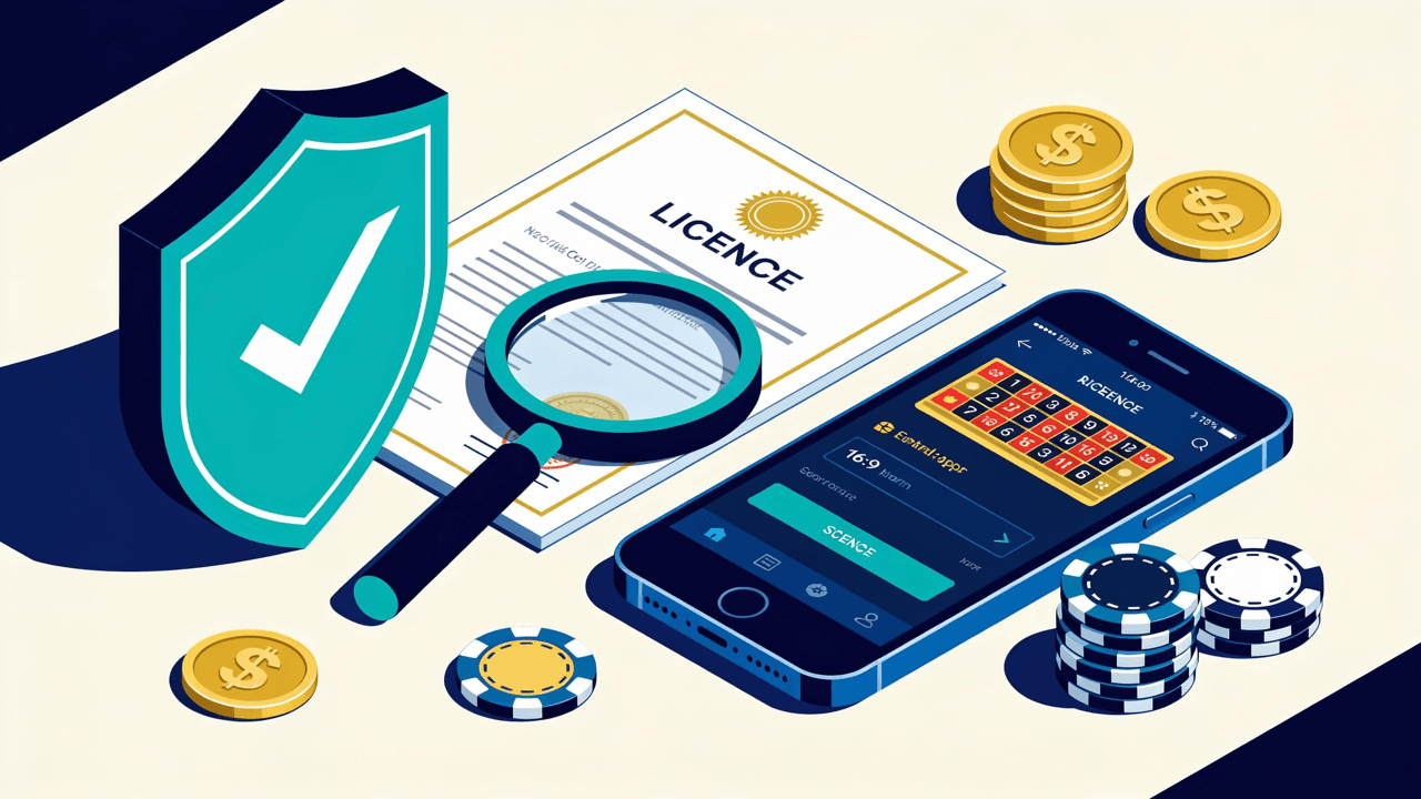 Ilustración de un escudo con tilde, una lupa sobre un certificado de licencia y un celular con una app de casino, para verificar si Juegabet es legal en Argentina