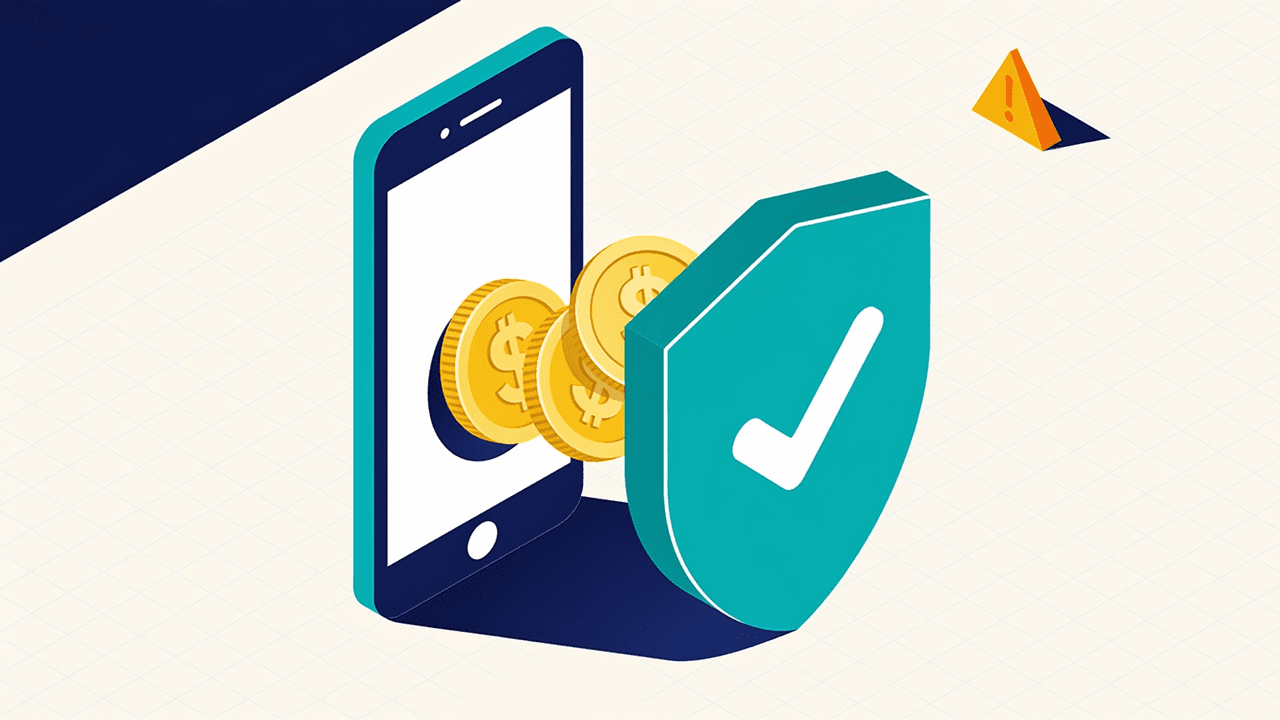 Celular del que salen monedas junto a un escudo con tilde y un triángulo de advertencia: juegos que pagan dinero real