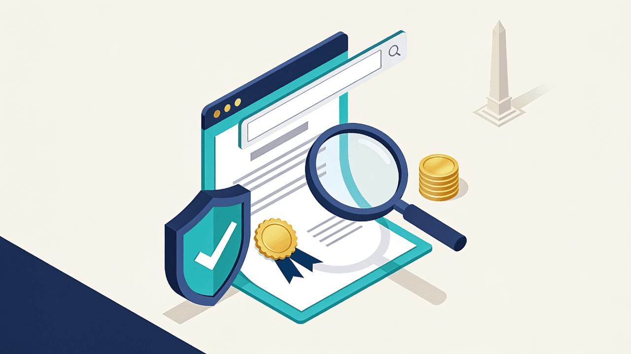 Certificado con sello y lupa sobre la barra de direcciones de un navegador: verificar la licencia y el dominio de Jugadón