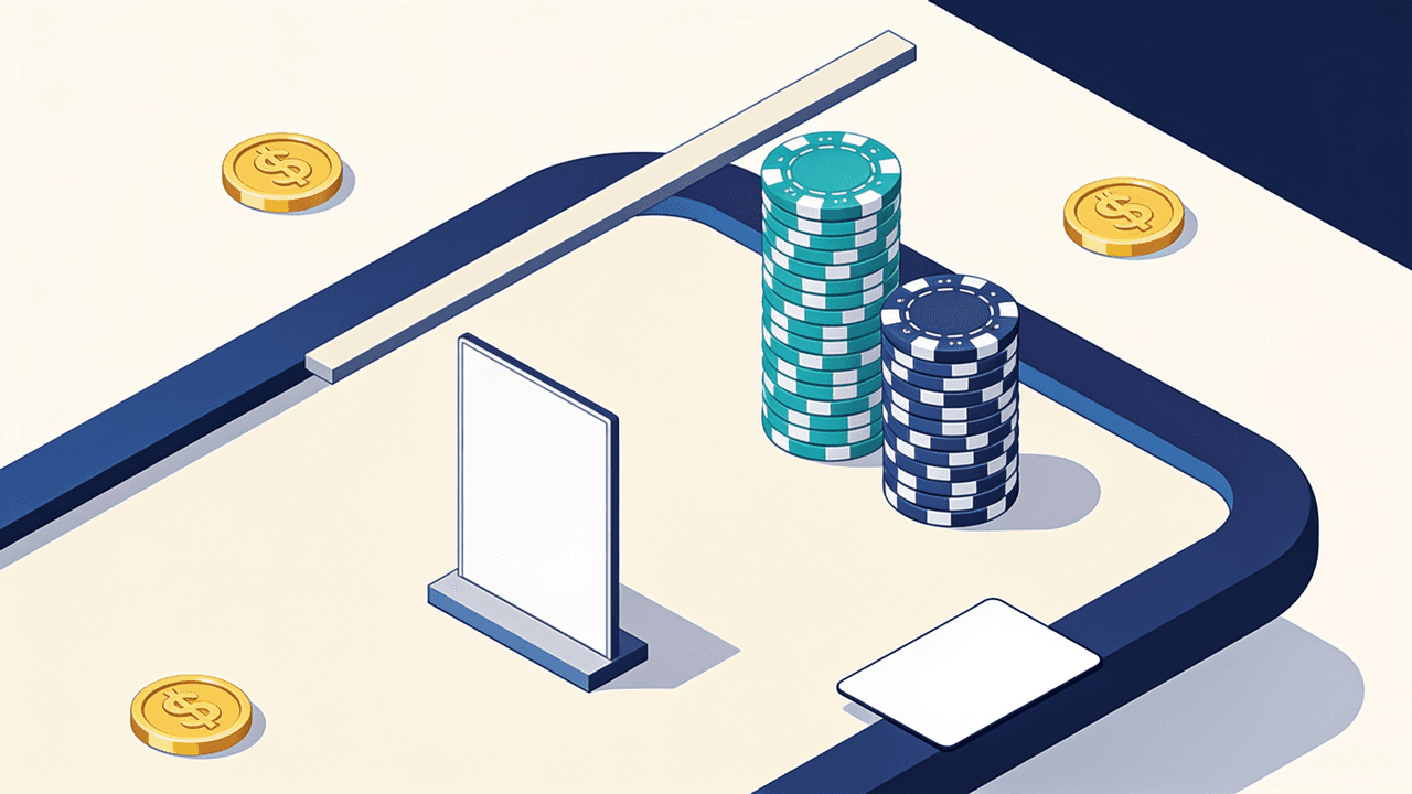 Ilustración isométrica de un paño de ruleta con un cartel en blanco, dos pilas de fichas de distinta altura y una barra horizontal flotando sobre la pila más alta, como un techo que no puede superar