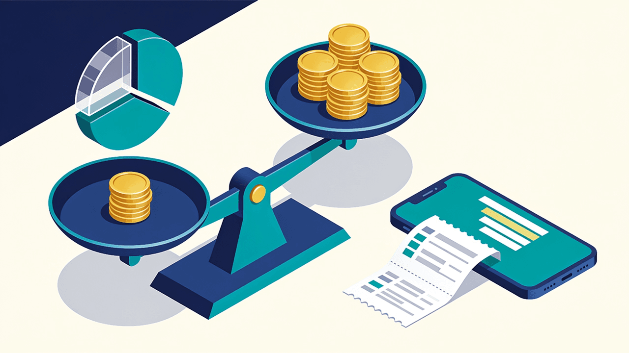 Balanza con dos pilas de monedas de distinto tamaño, un anillo circular dividido en dos porciones desiguales y una boleta de apuestas junto a un celular