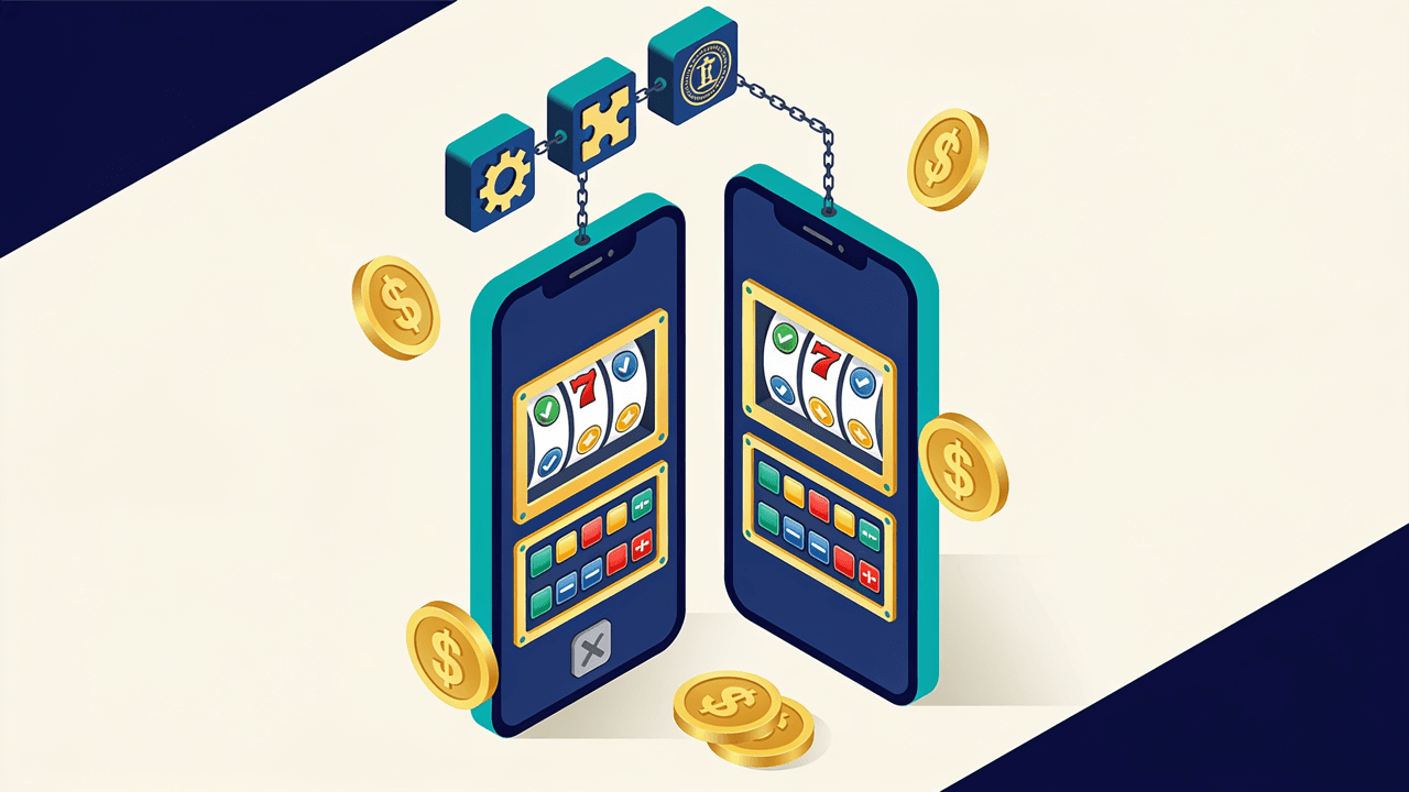 Dos celulares con la misma tragamonedas en pantalla pero con botoneras distintas, uno con un botón desactivado, unidos por una cadena de tres bloques con un engranaje, una pieza de rompecabezas y un sello oficial, rodeados de monedas doradas