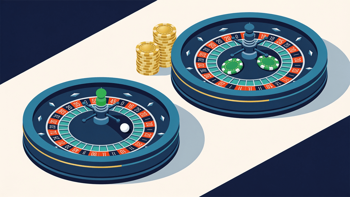 Dos ruedas de ruleta lado a lado, una con una sola casilla verde y otra con dos, junto a fichas de casino