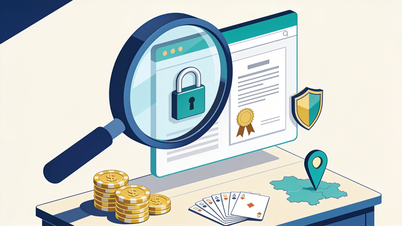 Lupa sobre una ventana de navegador con candado, un certificado con sello y un mapa provincial con un marcador: la verificación de la licencia de Stake
