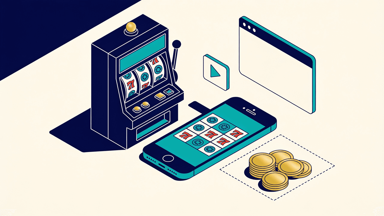 Ilustración de una máquina tragamonedas junto a un celular con rodillos en pantalla, una ventana de navegador y unas monedas doradas dentro de un recuadro punteado, en referencia al saldo ficticio del modo demo