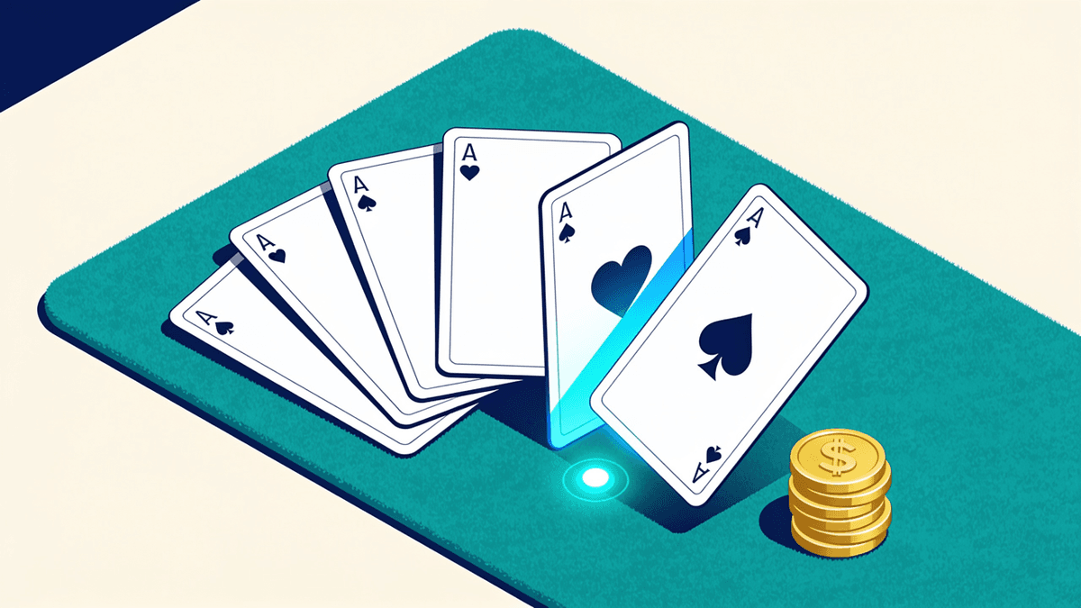 Ilustración de una mano de video poker con cinco cartas sobre un tapete, dos de ellas seleccionadas para conservar